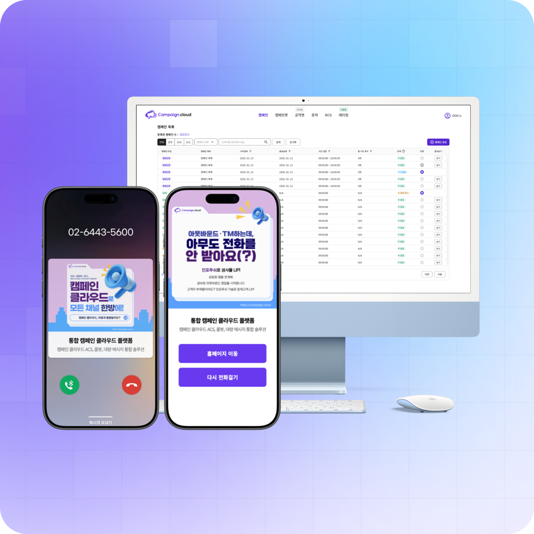 Campaign Cloud ACS 콜봇 콘솔 및 모바일 화면